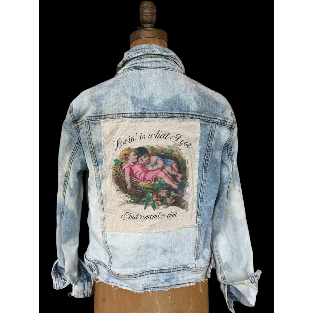 One of a Kind Bleached Distressed Denim Jacket Vintage Love Art Patch Small - Picture 4 of 13
